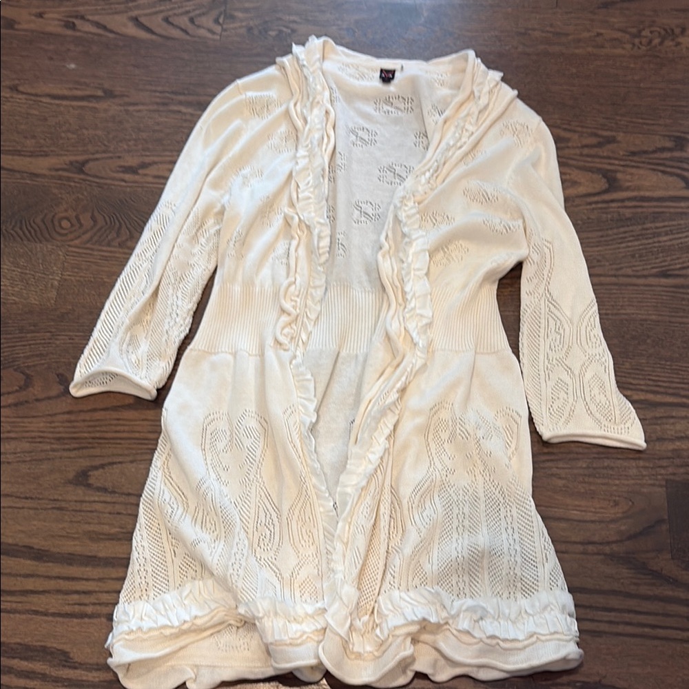 Cream Cardigan with Ruffled Trim and 3/4 Sleeves
